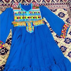 SHEIN Blue Girls' Embroidered Multicolor Trim Dress